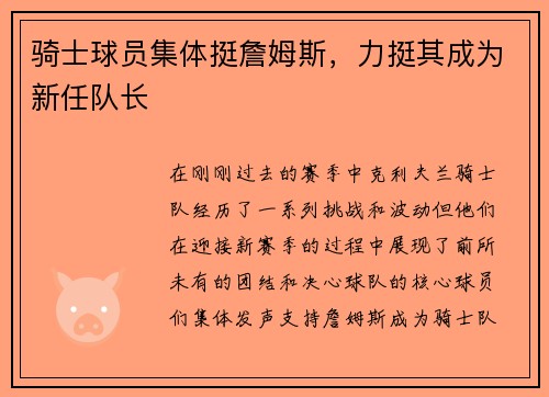 骑士球员集体挺詹姆斯，力挺其成为新任队长