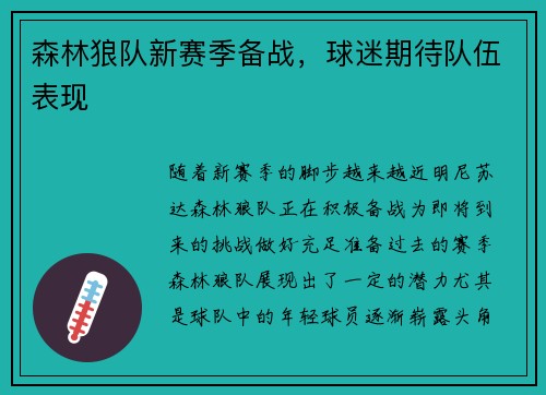 森林狼队新赛季备战，球迷期待队伍表现