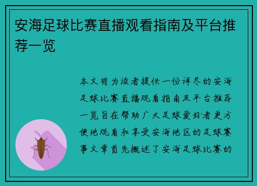 安海足球比赛直播观看指南及平台推荐一览